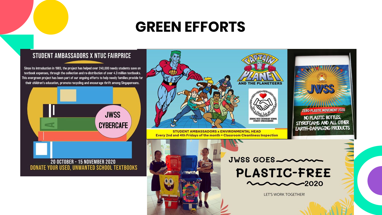 Slide titled Green Efforts showing JWSS school initiatives including textbook donation, plastic-free campaign, and Captain Planet themed posters.